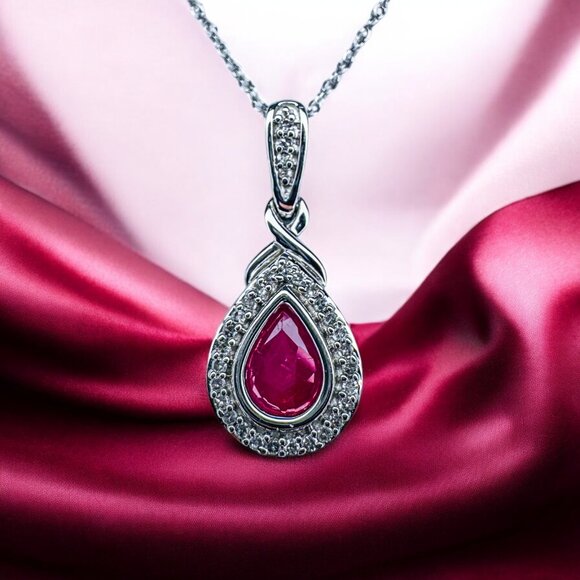 10K Gold Natural Burmese Ruby Halo Diamond Necklace -18"-1CT T.W. Pear Cut -2.6g - Picture 1 of 16